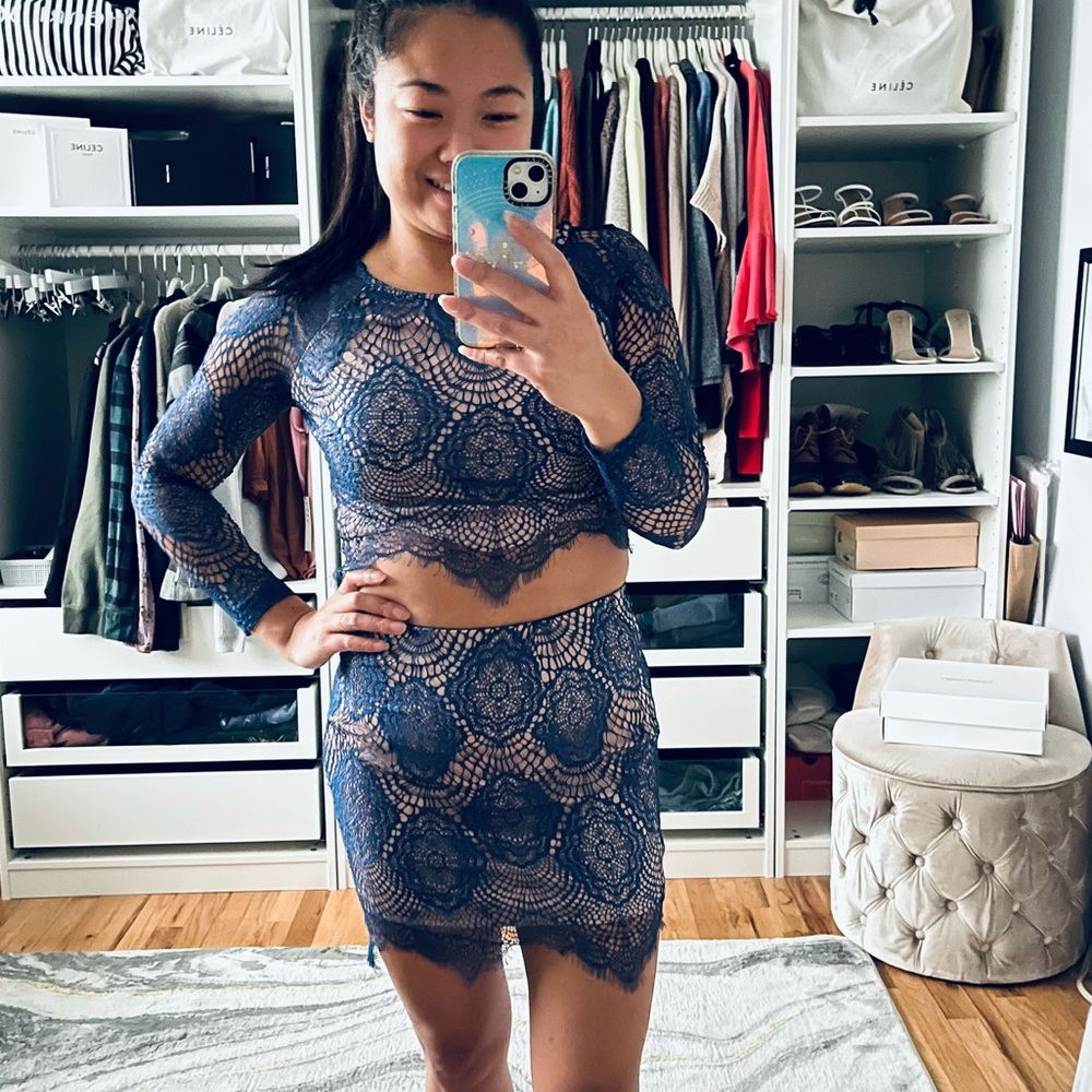 WHO I AM Blue Lace Skirt Set